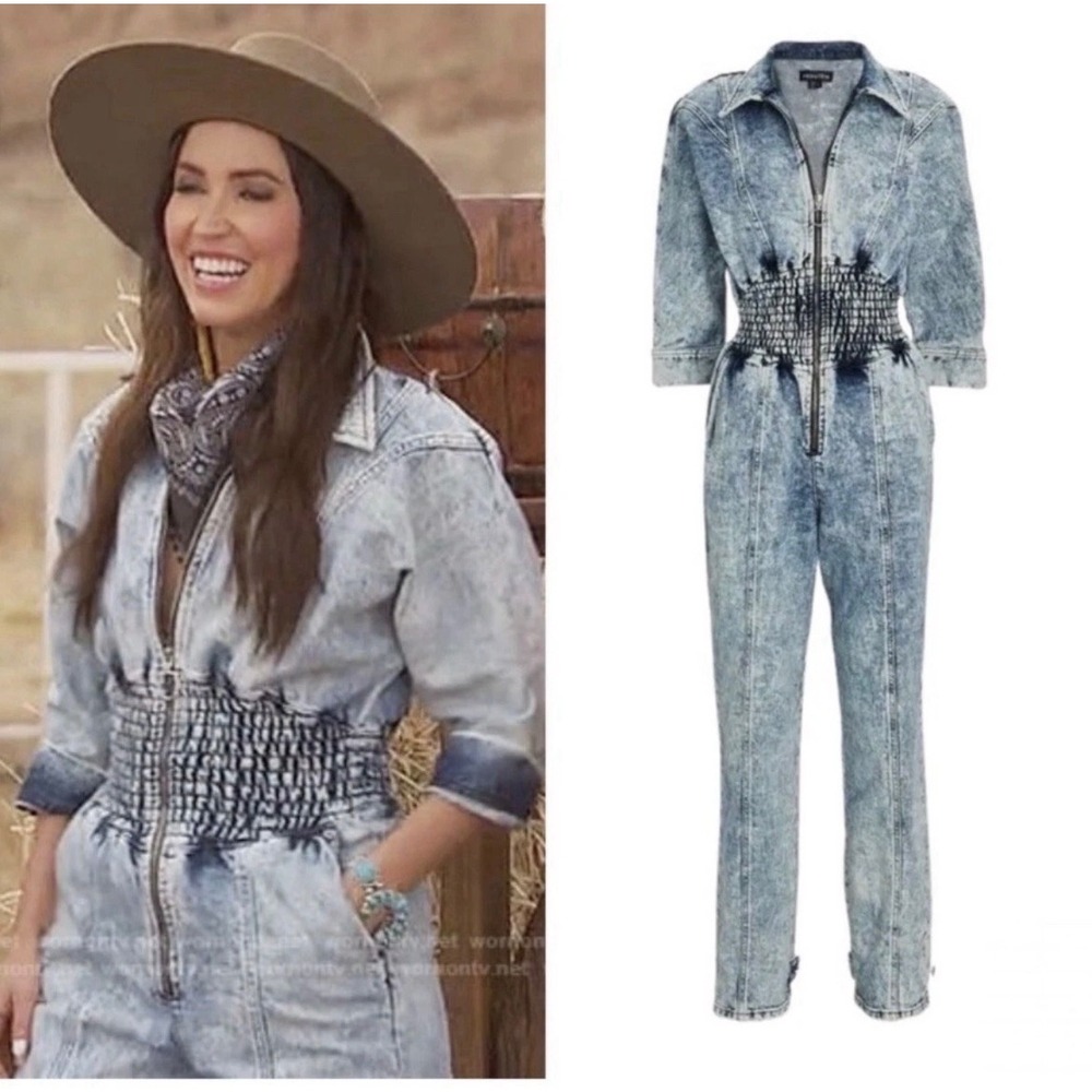 Retrofete New York Acid Wash Denim Jumpsuit Smocked Waist Zip Front Blue Medium